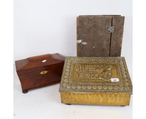 A Regency mahogany dome-top tea caddy, a brass-bound slipper box, and a wine case (3) 