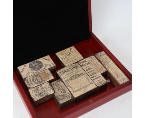 A group of Vintage apothecary copper packaging label printing blocks, including Tonic Syrup and Oil of Eucalyptus 