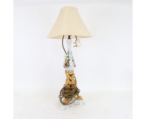 A Naples Italiano gilt and ceramic table lamp, height 66cm overall 