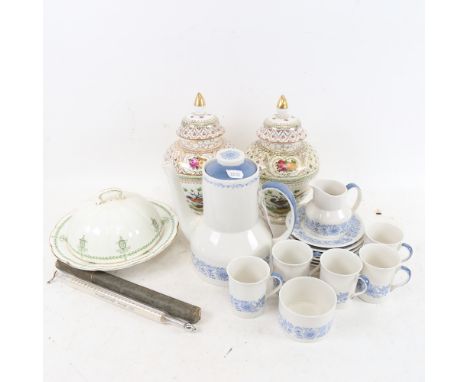 Royal Doulton Cranbourne coffee set, a pair of Dresden urns and covers, Dr Forbes thermometer etc 