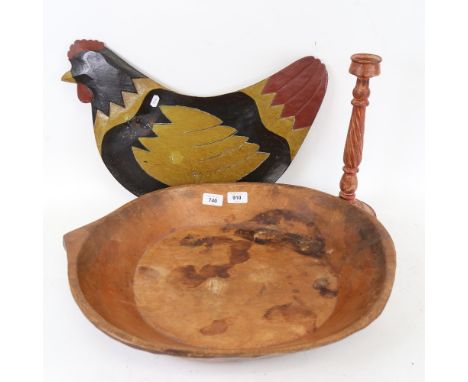 A large carved hardwood food bowl, painted twist stem candlestick etc (3) 