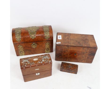 A 19th century brass-bound walnut dome-top tea caddy, a papier mache and tortoiseshell snuffbox etc (4) 