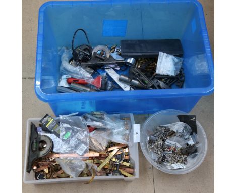 Various tools, jewellery findings, copper and brass strips, etc (boxful) 