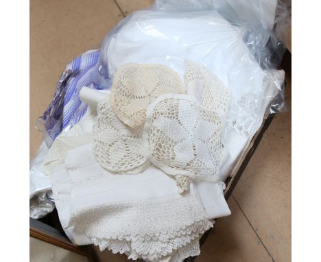 A box of Vintage table linen, including lacework, crochet and embroidered 