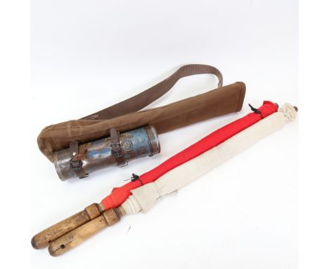 2 Vintage railway signal flags, in original canvas bag, with Track Detonator tin 