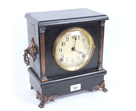 A Vintage American ebonised 8-day mantel clock, by the Sessions Clock Co, case height 27cm, with pendulum and key 