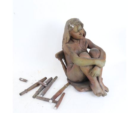 Walter Awlson (Scottish born 1949), Raku glaze ceramic sculpture, nude lady seated on a chair, limited edition no. 22/50, sig