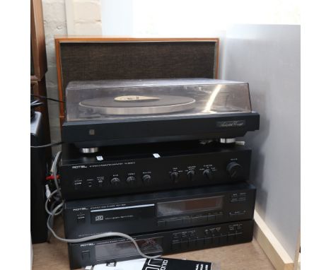 Various hi-fi stereo equipment, comprising Rotel stereo integrated amplifier RA-820AX, Rotel compact disc player RCD-865, Rot