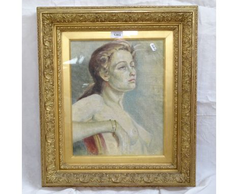Peter Sanderson, oil on board, portrait, Mall Galleries Exhibition label verso, image 37cm x 29cm, framed 