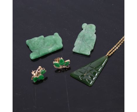 3 carved jade pendants, and a pair of unmarked gold jade stud earrings 