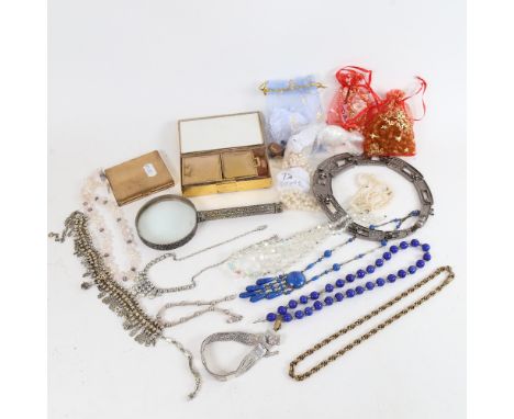 Vintage compact, a cigarette case, simulated pearl necklaces, beads etc 