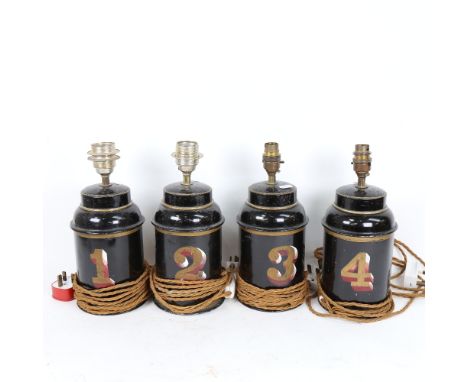 A set of 4 Vintage painted and gilded tea canisters converted to electric lamps, height excluding fitting 22cm (4) 