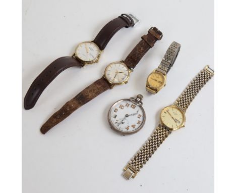 An engine turned silver top-wind pocket watch, an Eterna gold plated wristwatch, Rotary etc 