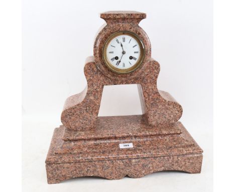 A large 19th century speckled marble 8-day architectural mantel clock, white enamel dial with Roman numeral hour markers, bas