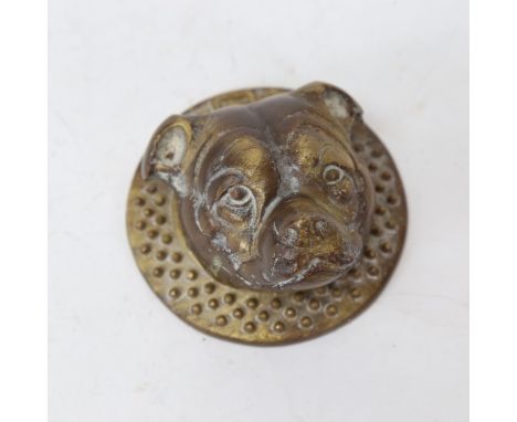 A cast-brass figural dog-head door key cover/knocker, back plate diameter 9.5cm 
