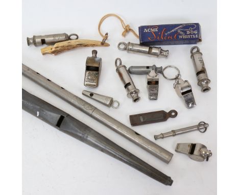 A group of Vintage whistles, a Joseph Wallis flute etc (boxful) 