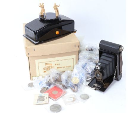 Various world coins, a Vintage folding camera, musical cabinet cigarette box etc 