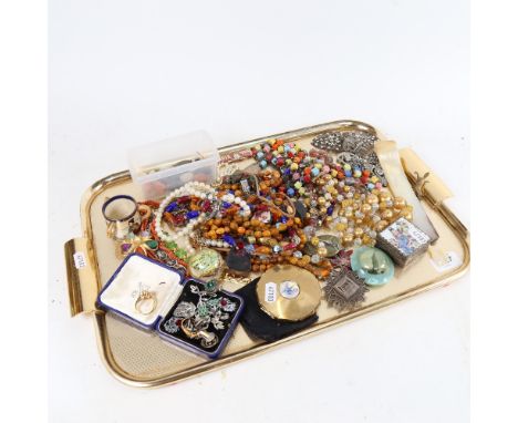 A tray of Vintage and other costume jewellery, to include marcasite clip-on earrings, compact, Egyptian silver filigree brooc