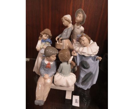 Four Nao figurines to include clown, girl with ragdoll, boy and girl sitting on a bench
