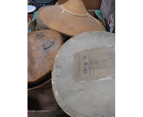 Two trays of vintage hats to include a Woodrow &amp; Sons of Donegall Place Belfast boxed top hat, pith hats etc