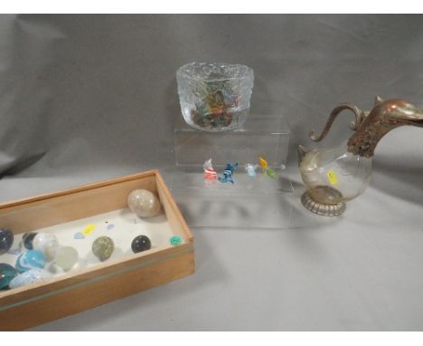 A silver plated duck decanter - glass cracked together with a small box of assorted glass eggs, glass sweets, animals etc