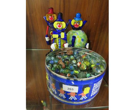 A tin of vintage marbles together with three vintage Murano style glass clowns&nbsp;A/F Clown Bow Tie broken