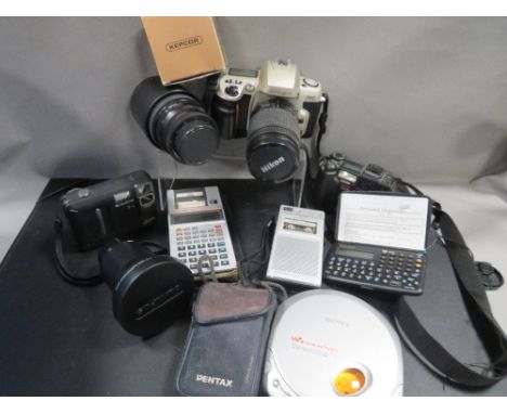 A tray of assorted cameras and collectables to include a Casio portable LCD television 