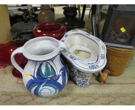 A collection of large ceramics and glassware to include an Oriental style ceramic garden seat 
