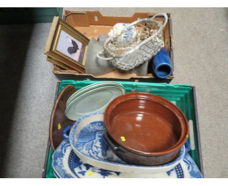 Two trays of ceramics and sundries to include a Trosser Dutch style wall mounted hand operated coffee grinder 