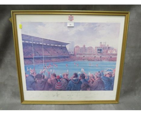 A large framed print of Cardiff Arms Park with various signatures 