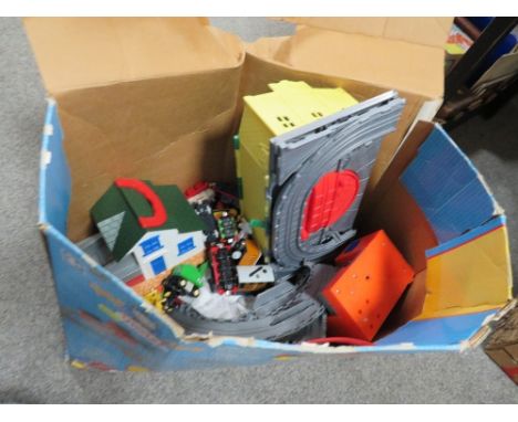 A box of Thomas The Tank Engine Die cast vehicles playset, Sodor warehouse toys (unchecked)