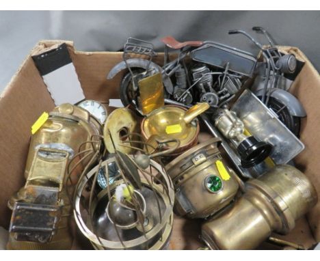 A box of vintage brass, bird clocks, Lucas motorcycle lights etc