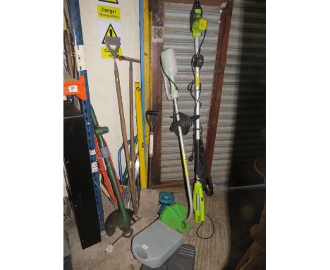 A selection of garden tools to include strimmer's, hedge trimmer and hand tools plus two tool boxes and contents