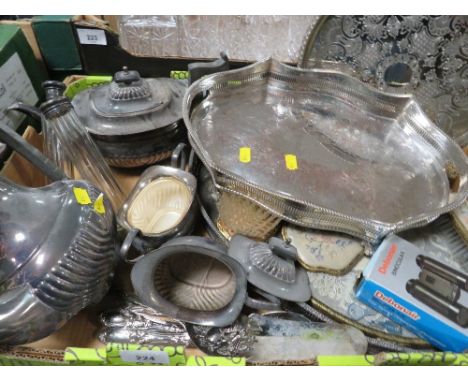A tray of assorted metal ware etc to include a four piece silver plated coffee service A/F hallmarked silver topped dressing 