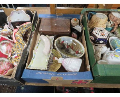 Three trays of mixed collectables to include Wade basket, Royal Doulton ginger jar, inlaid box, baxters preserve pot etc