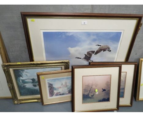A large limited edition print of Canada Geese, signed by artist ?? Hodges 893/950, together with a selection of various pictu