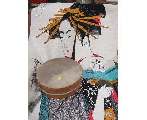 A two section Japanese wall hanging together a vintage  Japanese style hand held drum 