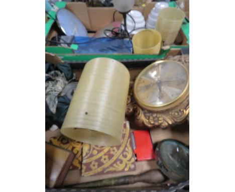 Two trays of collectables to include two vintage metamec wall clocks 