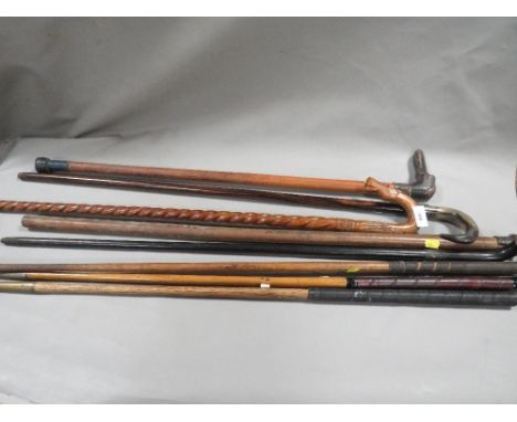 Three vintage hickory shaft style golf clubs together with a small selection of vintage walking sticks 