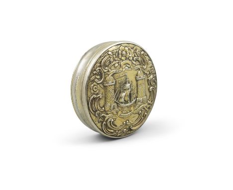 A RARE GEORGE II SILVER GILT FREEDOM BOX FOR THE CITY OF CORK,Cork c.1750, maker's mark of George Hodder, of circular form wi