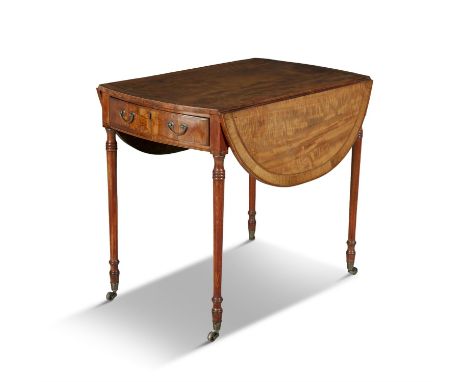 A GEORGE III MAHOGANY AND SATIN WOOD DROP LEAF PEMBROOK TABLE extending to oval form with crossbanded top and single frieze d