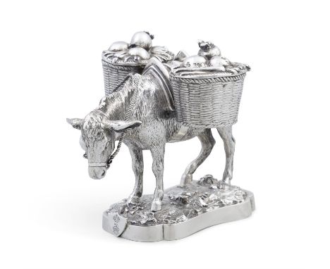 A RARE VICTORIAN SILVER INK WELL IN THE FORM OF A DONKEY CARRYING BASKET PANNIERS,By John Samuel Hunt, London, 1845, inscribe