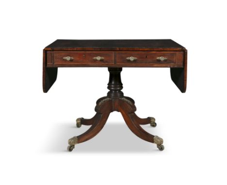 A REGENCY BRASS INLAID ROSEWOOD LEAF SOFA TABLE,the crossbanded top, inset with brass inlay to the border, above twin frieze 