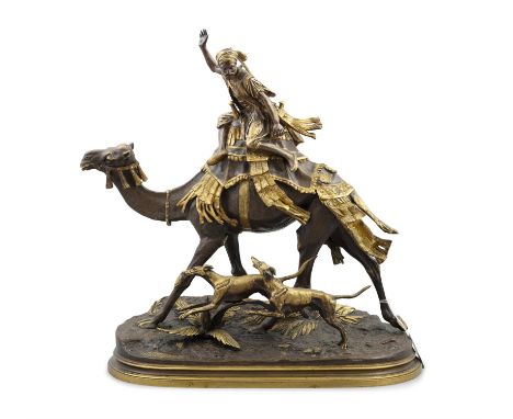 ALFRED DUBUCAND (FRENCH 1828  - 1894) 'Hunting in the Sahara' Signed 'DUBUCAND' to base  Tri-colour patinated bronze figural 