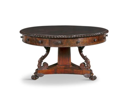 AN IRISH WILLIAM IV MAHOGANY AND CROSS BANDED CIRCULAR DRUM TABLE,the moulded top with gadrooned edge, fitted with five friez