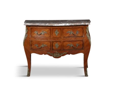 A FRENCH KINGWOOD, MARQUETRY BOMBE COMMODE 19TH CENTURY, with rouge marble top above two long drawers with gilt metal handles
