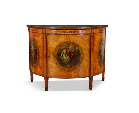 A GEORGE III STYLE SATINWOOD, ROSEWOOD AND POLYCHROME DECORATED DEMI-LUNE COMMODE, 19th century, the fan inlaid top with pain