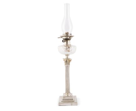 A SILVER PLATED OIL LAMP,with cut glass bowl and Corinthian column stem on stepped base, 58cm high (80cm high with chimney)