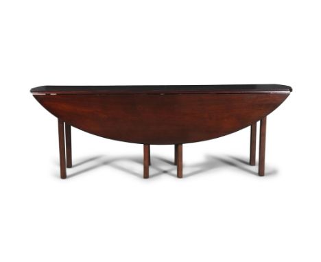 A MAHOGANY LARGE OVAL HUNT TABLE 20TH CENTURY, having twin drop-leaf sides, moulded and rounded edge, on squared gate-leg sup
