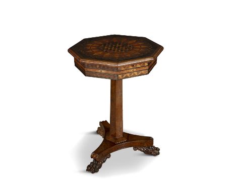 A FINE VICTORIAN SPECIMEN WOOD PARQUETRY WORK TABLE ATTRIBUTED TO RALPH TURNBULL JAMAICA 19TH CENTURYthe octagonal hinged top